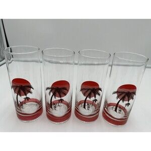 4 VINTAGE PANACHE TIKI BAR GLASSES RETRO 1970 PALM TREE SUNSET BEACH SURF HAWAII